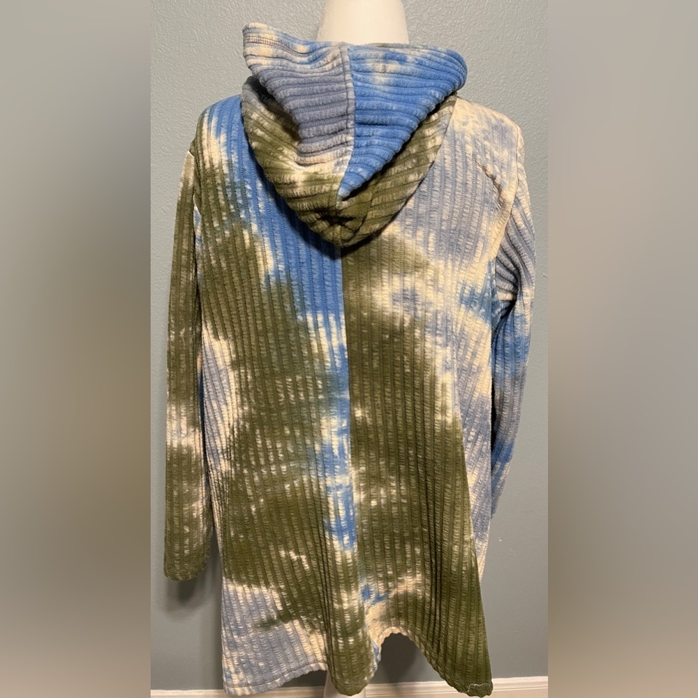 LOGO Lori Goldstein Hooded Open Cardigan Tie Dye Ribbed Blue Green Cozycore XL - Picture 3 of 10